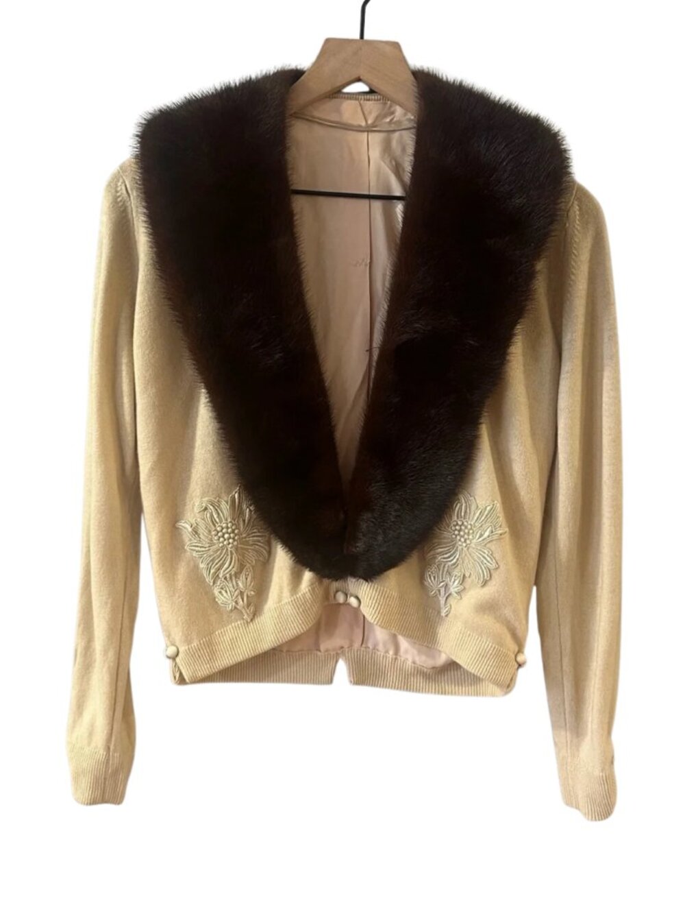 50s Cashmere Cardigan with Real Mink Collar - Size Small